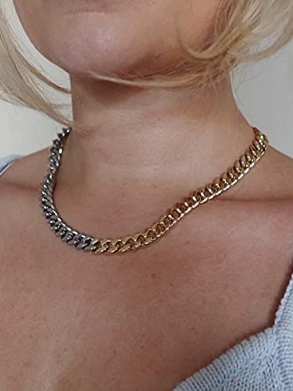 wo‎ Tone Gold Silver Cuban Link Chain Necklace Choker Unisex Chunky Chain Choker